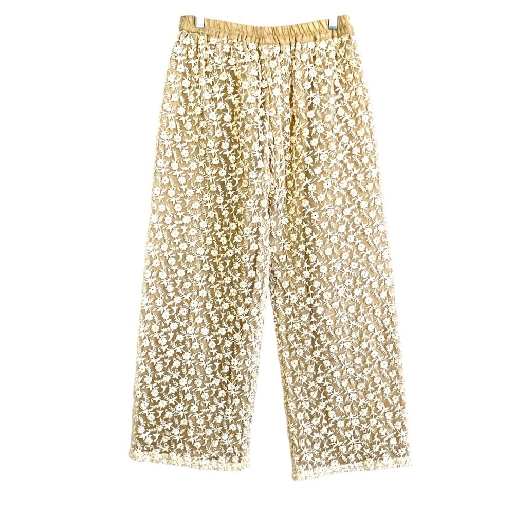 Cream Floral Lace Mesh Sequined Dressy Palazzo Wide Leg Cropped Ankle Pants S-M - Picture 1 of 10